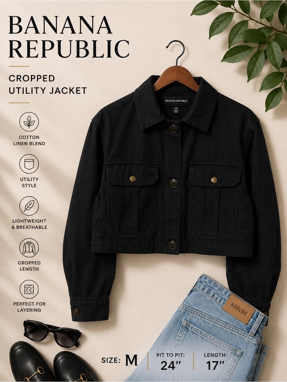 Banana Republic Cropped Utility Jacket Black Cotton Linen Women’s Medium